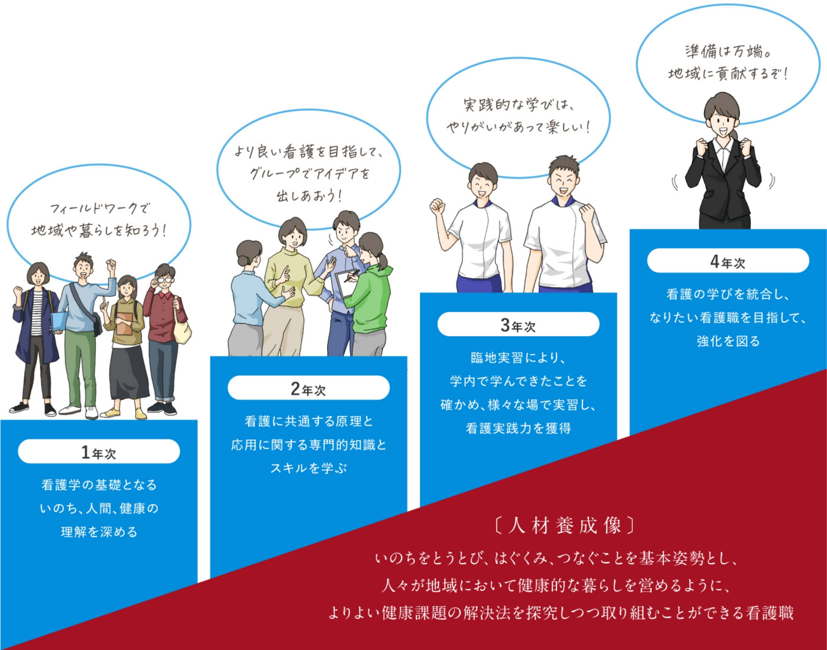 １年次 看護学の基礎となる命、人間、健康の理解を深める。２年次 看護に共通する原理と応用に関する専門的知識とスキルを学ぶ。３年次 臨時実験により、学内で学んできたことを確かめ、様々な場面で実習し、看護実践力を獲得。４年次 看護の学びを統合し、なりたい看護職を目指して効果を図る